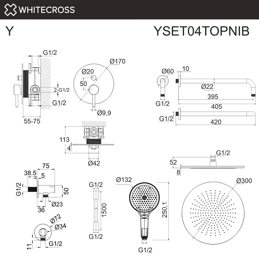 Душевой комплект WHITECROSS Y YSET04TOPNIB, С ВНУТРЕННЕЙ ЧАСТЬЮ, брашированный никель