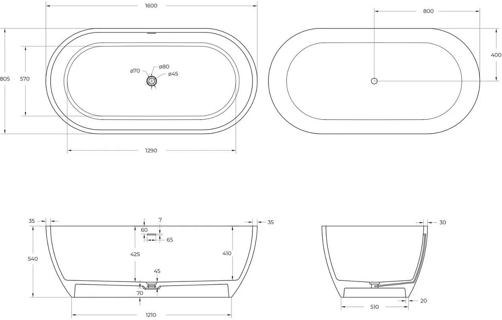 Ванна из искусственного камня Cezares Stylus Solid Surface 160x80 см, отдельностоящая, матовая белая