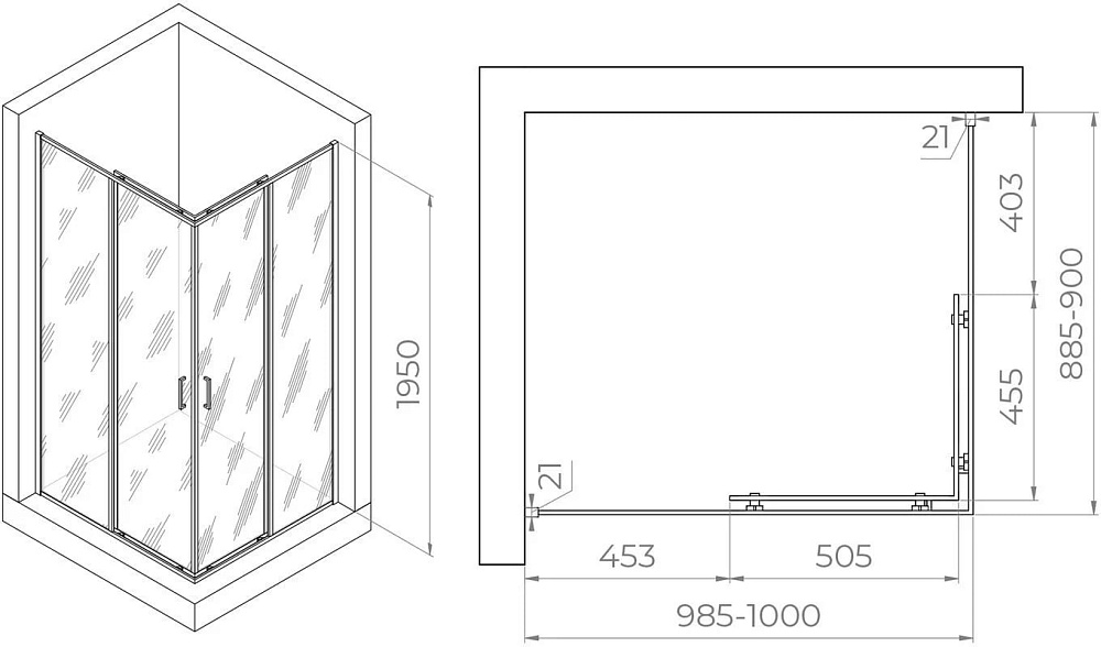 Душевой уголок RGW Passage PA-040B 1000x900x1950, профиль черный