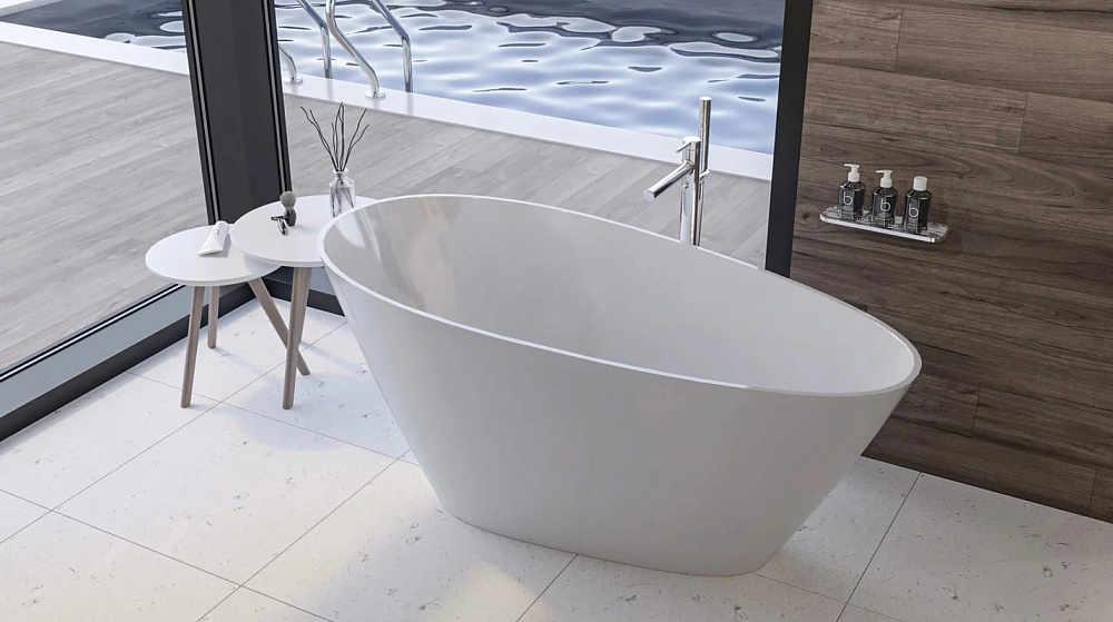 Ванна из искусственного камня WHITECROSS Spinel C 150x70 см, отдельностоящая, белая, овальная, с дон