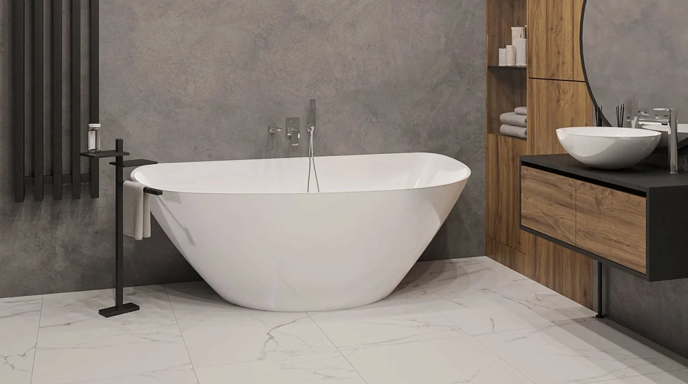 Ванна из искусственного камня WHITECROSS Topaz 170x80 см, отдельностоящая, белая, асимметричная, с д