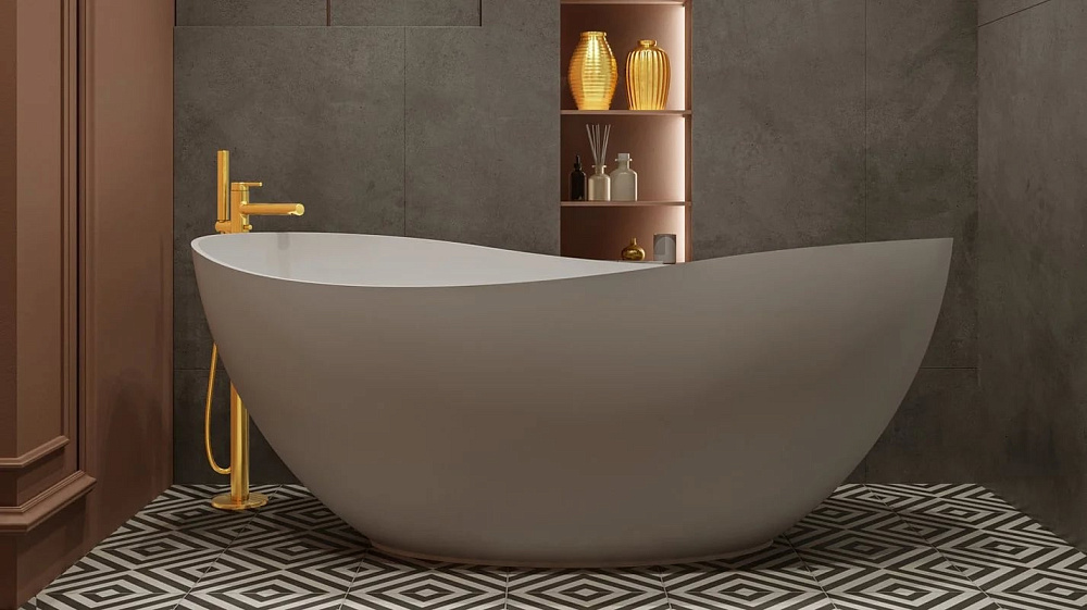 Ванна из искусственного камня WHITECROSS Ruby 170x75 см, отдельностоящая, матовая белая, овальная, с