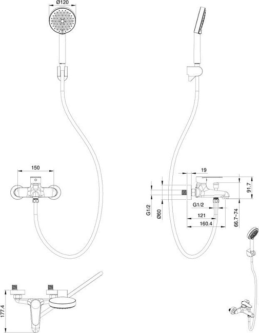 Смеситель для ванны с душем Wonzon & Woghand WW-AE3204-MB, матовый черный