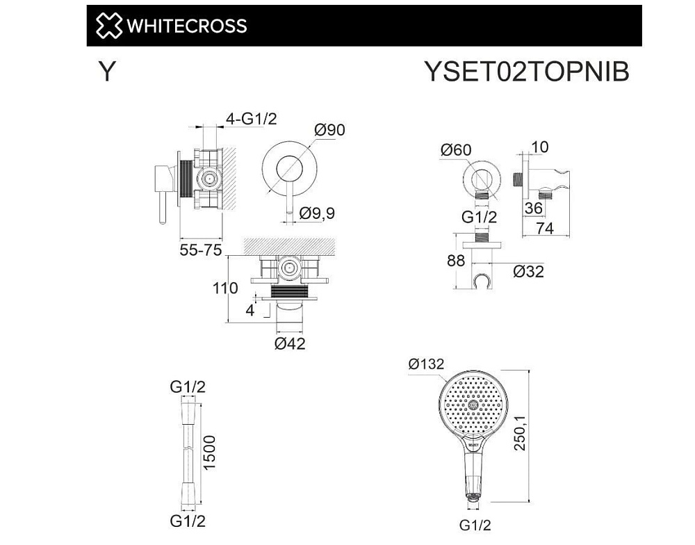 Душевой комплект WHITECROSS Y YSET02TOPNIB С ВНУТРЕННЕЙ ЧАСТЬЮ, брашированный никель
