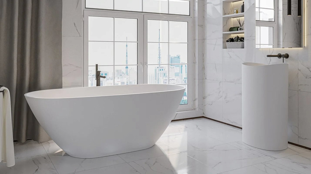 Ванна из искусственного камня WHITECROSS Onyx D 160x75 см, отдельностоящая, матовая белая, овальная,