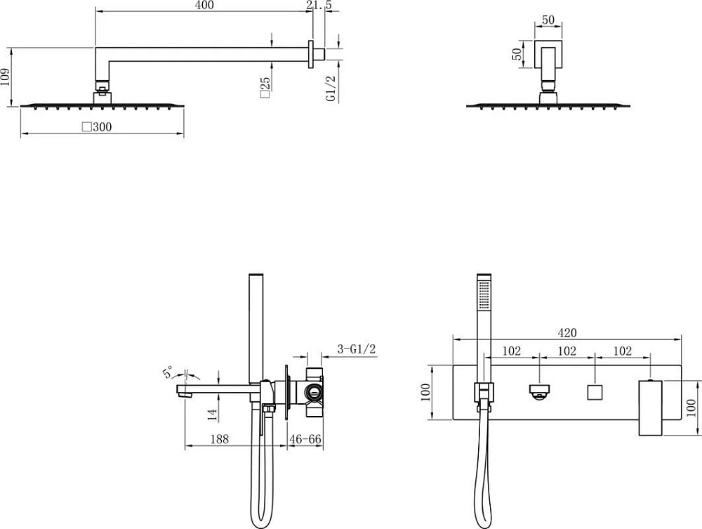 Душевой комплект Boheme Qubic 474-MW, С ВНУТРЕННЕЙ ЧАСТЬЮ, matt white
