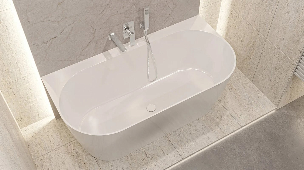 Ванна из искусственного камня WHITECROSS Pearl B 155x80 см, пристенная, белая, овальная, с донным кл