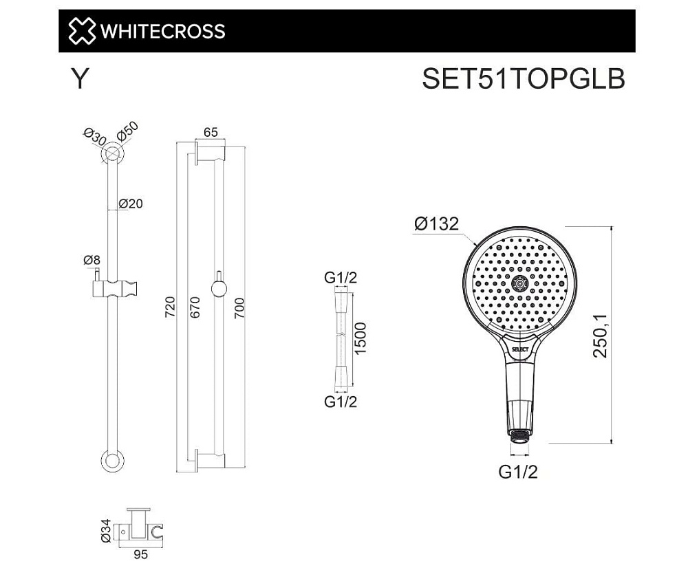 Душевой гарнитур WHITECROSS SET51TOPGLB, брашированное золото