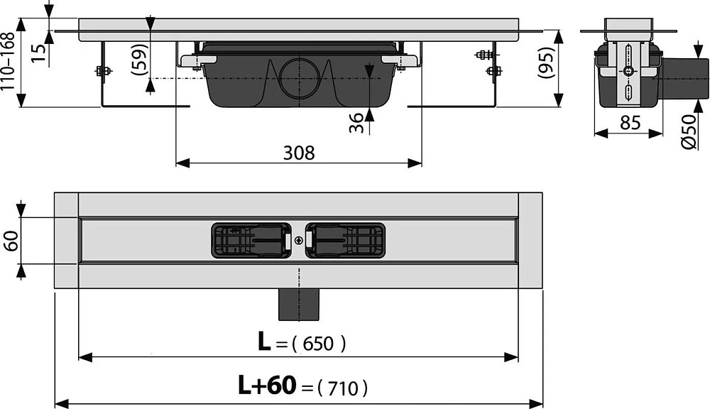 Душевой трап (лоток) AlcaPlast APZ1 APZ6S 650, с опорами, с решеткой FLOOR-650 65 см, под плитку