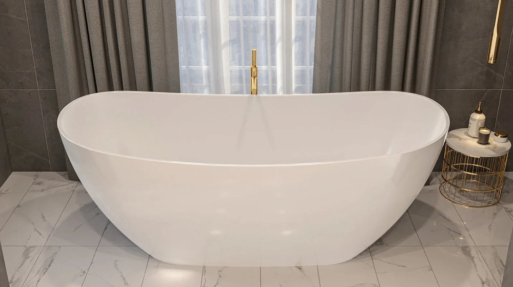 Ванна из искусственного камня WHITECROSS Onyx C 160x75 см, отдельностоящая, белая, овальная, с донны