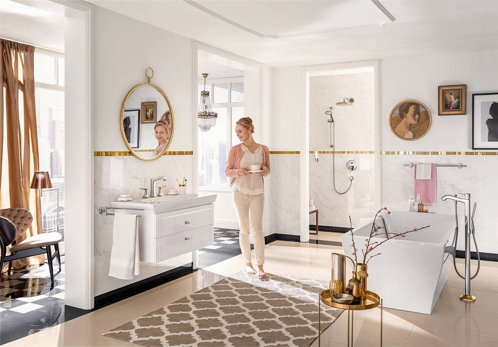 Напольный смеситель для ванны с душем Hansgrohe Metropol Classic 31445090, хром - золото