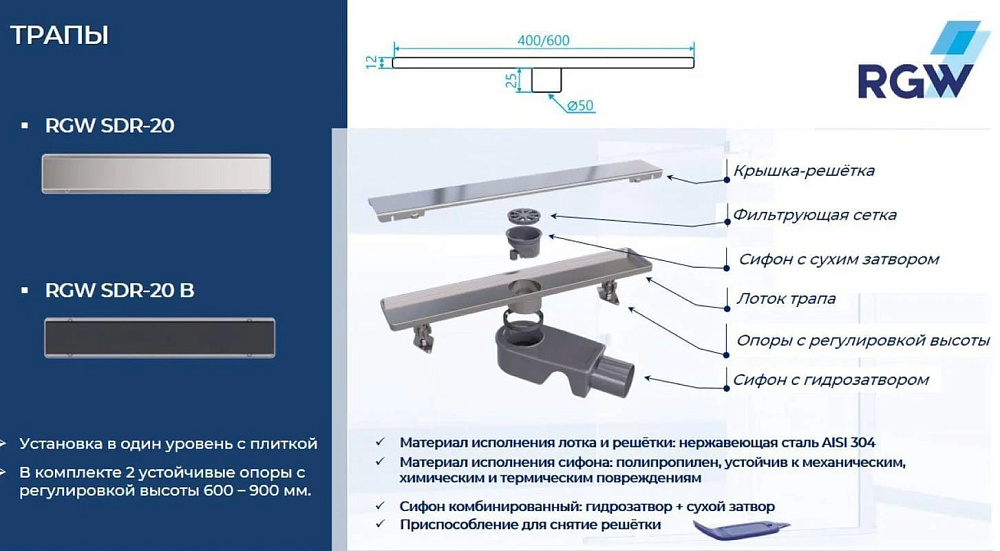 Душевой трап (лоток) RGW Shower Drain SDR-20B 80 см, черный