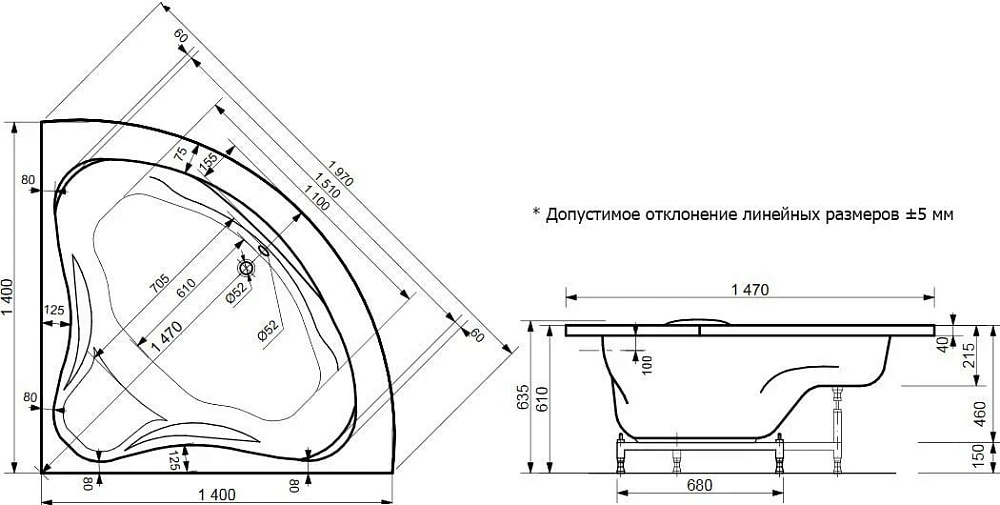 Ванна из искусственного камня Эстет Аврора 140x140 см, угловая, правая, пристенная, четверть круга 