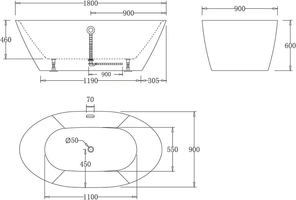 Акриловая ванна BelBagno 180x90 см, BB68-1800