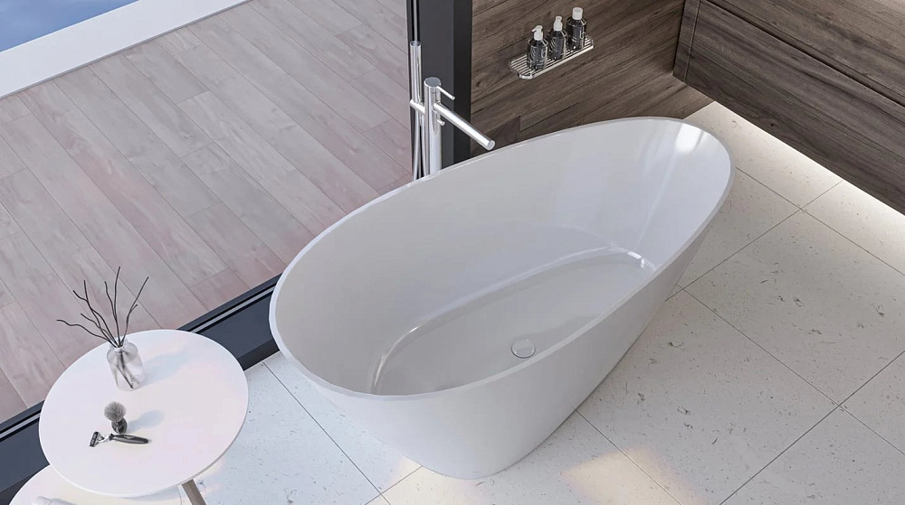 Ванна из искусственного камня WHITECROSS Spinel C 150x70 см, отдельностоящая, белая, овальная, с дон