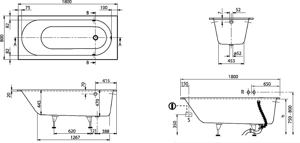 Акриловая ванна Villeroy & Boch Oberon 180x80 см, UBQ180OBE2V-01