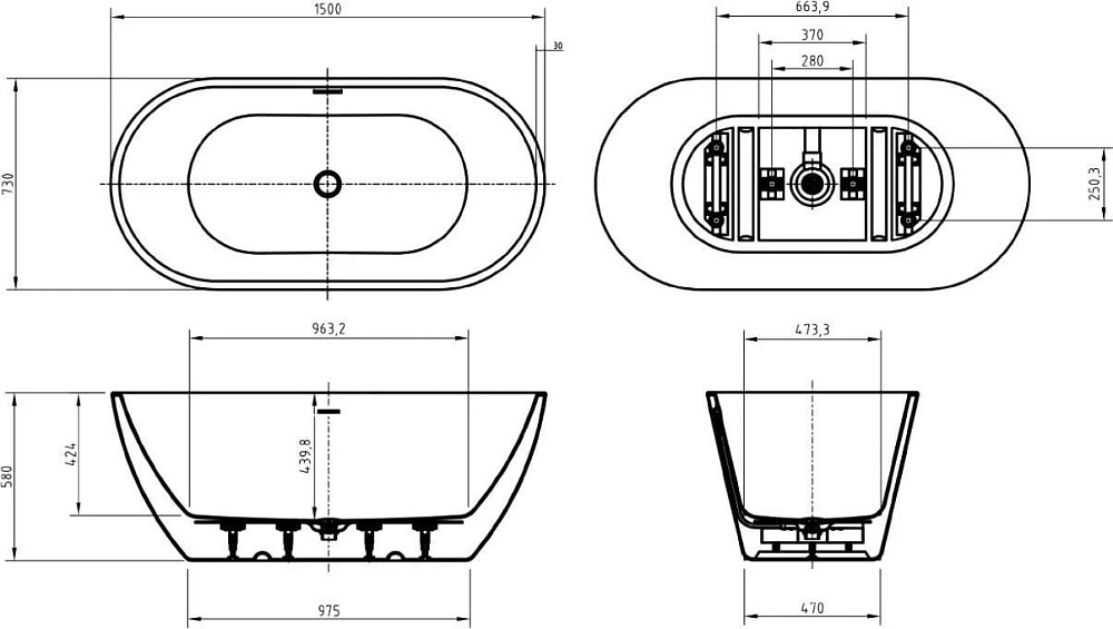 Акриловая ванна BelBagno Uno 150x75 см, BB701-1500-730-K