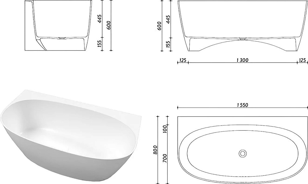 Ванна из искусственного камня WHITECROSS Pearl A 155x80 см, пристенная, матовая белая, овальная, с д