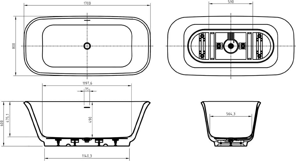 Акриловая ванна BelBagno Due 170x80 см, BB702-1700-800-K