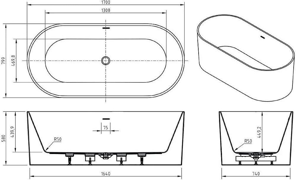Акриловая ванна BelBagno 170x80 см, BB705-1700-800
