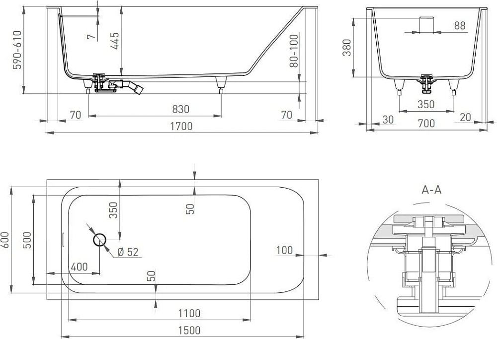 Ванна из искусственного камня Salini Orlanda Kit 170x70 см, встраиваемая, матовая белая, на ножках, 