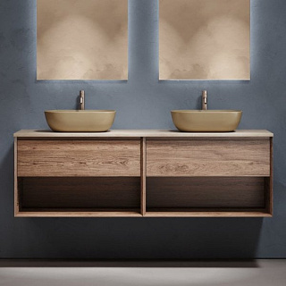 Тумба с раковиной Sancos Marmi 1.0 160 дуб чарльстон, столешница бежевая TT160A2X, раковина CN6009MC