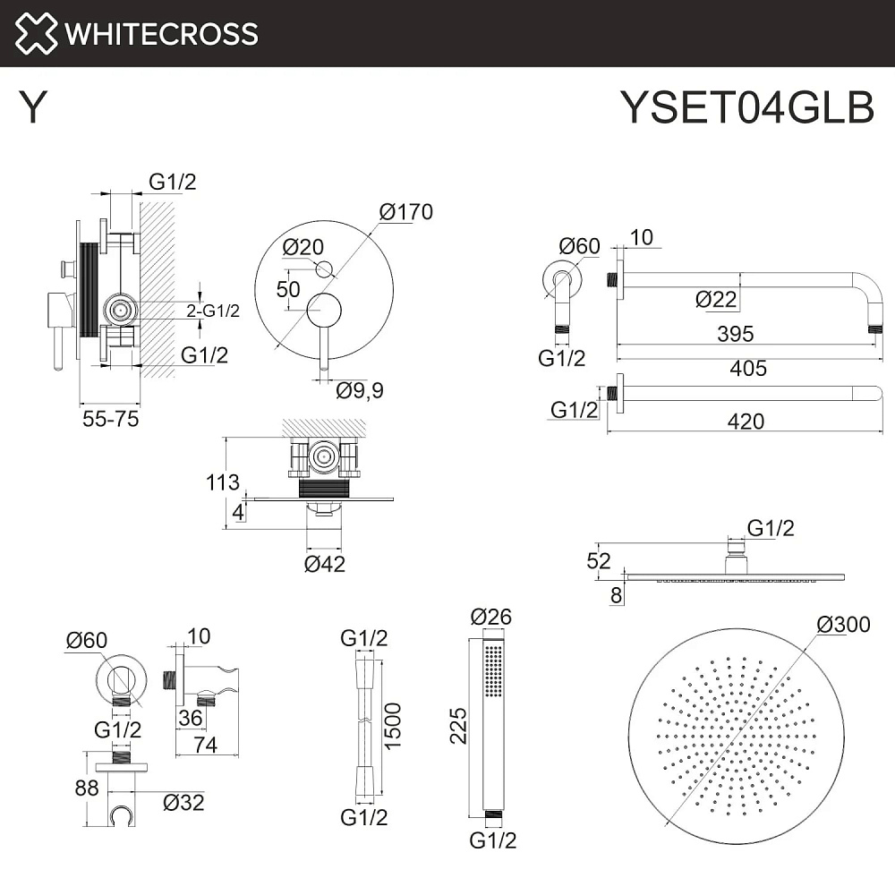 Душевой комплект WHITECROSS Y YSET04GLB, С ВНУТРЕННЕЙ ЧАСТЬЮ, брашированное золото