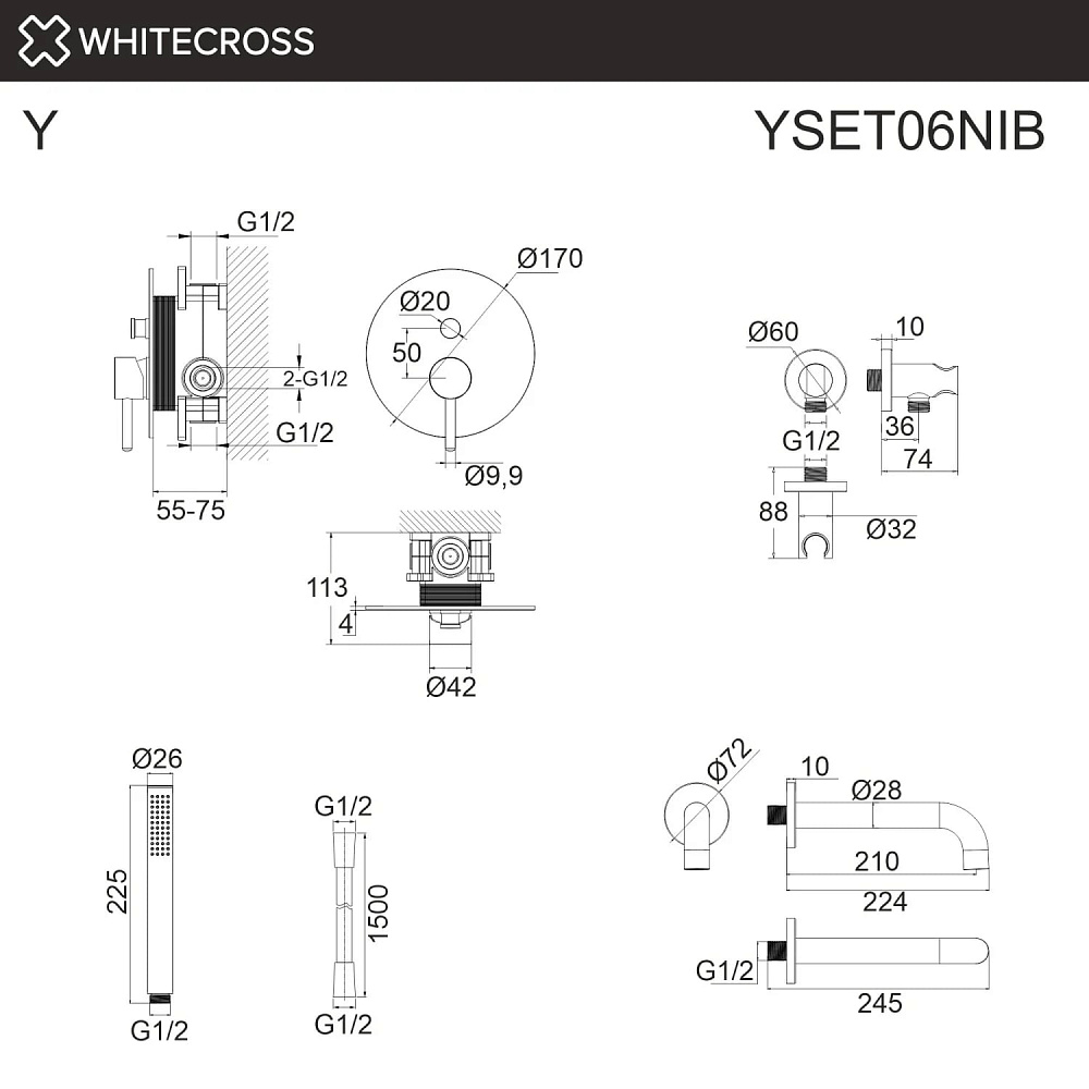 Душевой комплект WHITECROSS Y YSET06NIB, С ВНУТРЕННЕЙ ЧАСТЬЮ, брашированный никель