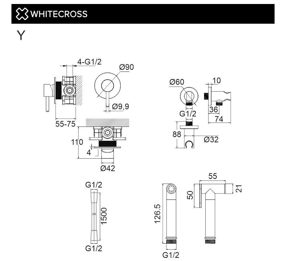 Гигиенический душ WHITECROSS Y SYSYBI1GM, оружейная сталь