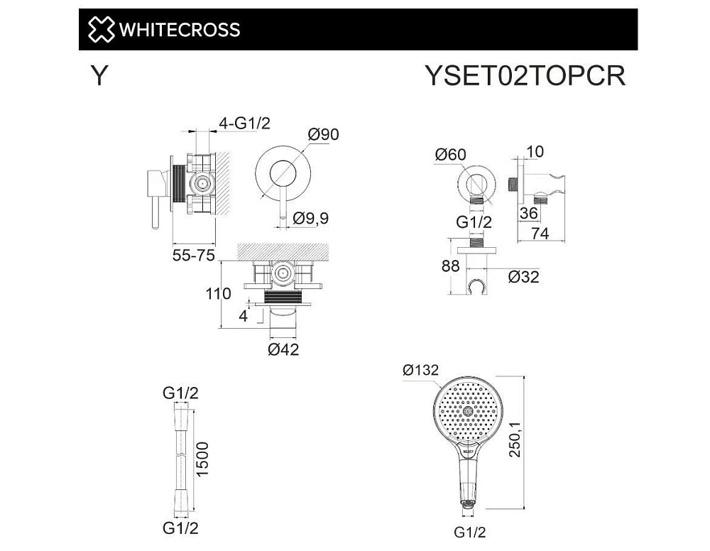 Душевой комплект WHITECROSS Y YSET02TOPCR С ВНУТРЕННЕЙ ЧАСТЬЮ, хром