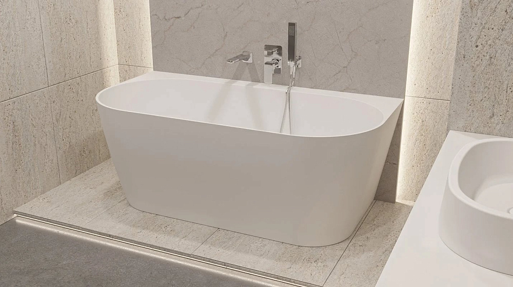 Ванна из искусственного камня WHITECROSS Pearl B 155x80 см, пристенная, матовая белая, овальная, с д