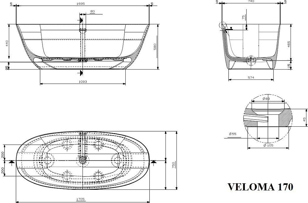Ванна из искусственного камня Plumberia Selection Veloma 170x75 см, отдельностоящая, биколор матовый