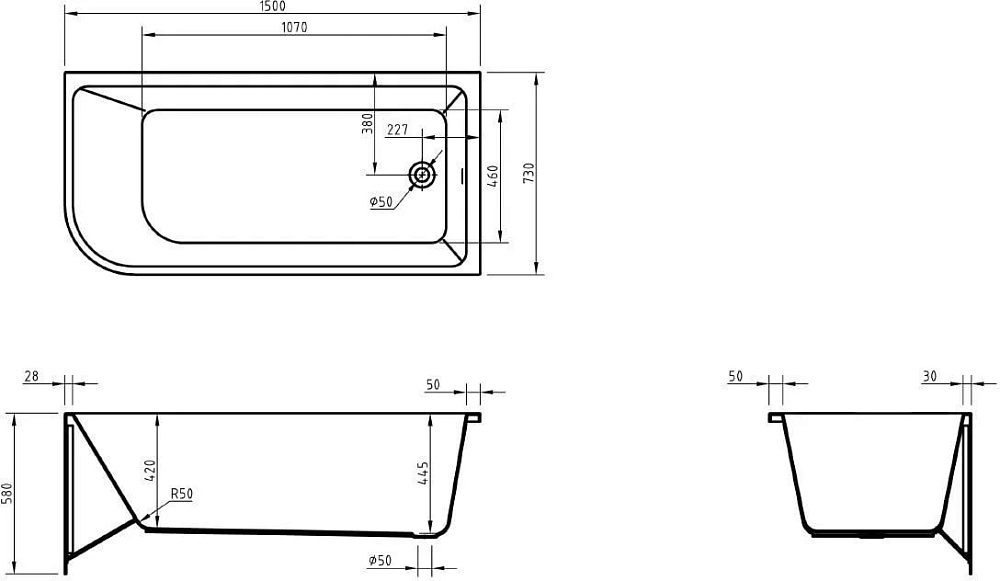 Акриловая ванна BelBagno 150x75 см, правая, BB712-1500-730-R