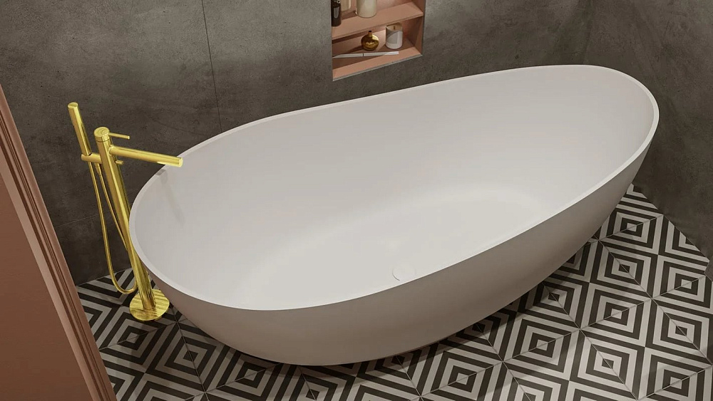 Ванна из искусственного камня WHITECROSS Ruby 170x75 см, отдельностоящая, матовая белая, овальная, с