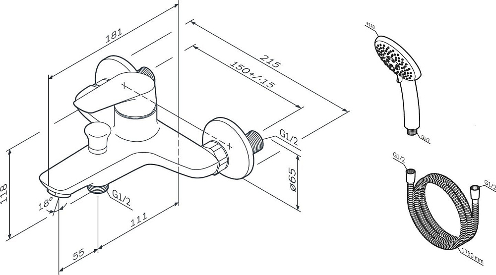 Смеситель для ванны с душем AM.PM Joy F85E15000