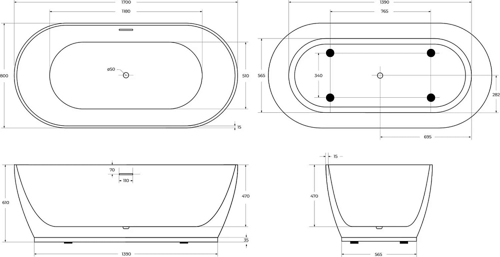 Акриловая ванна BelBagno 170x80 см, BB413-1700-800-MATT
