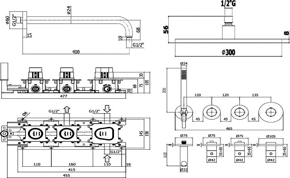 Душевой комплект Paffoni Modular Box KITMB000NOKING, С ВНУТРЕННЕЙ ЧАСТЬЮ, верхний душ 30 см, черный