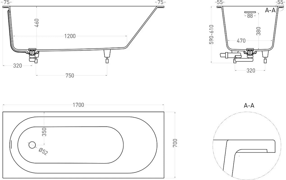 Ванна из искусственного камня Salini Ornella Kit S-Sense 170x70 см, встраиваемая, белая, на ножках, 