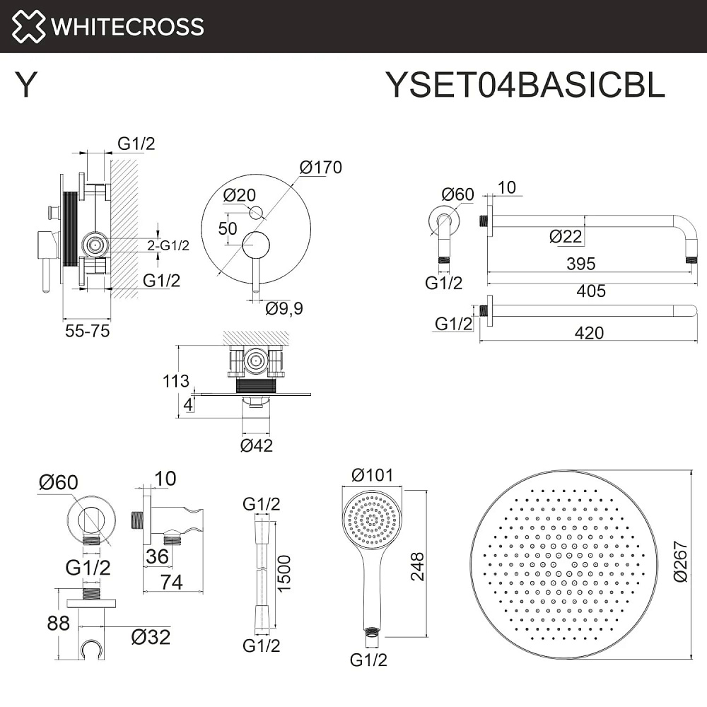 Душевой комплект WHITECROSS Y YSET04BASICBL, С ВНУТРЕННЕЙ ЧАСТЬЮ, черный матовый
