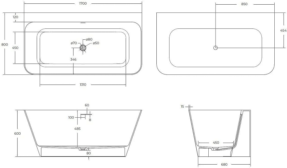 Ванна из искусственного камня Cezares Liner Solid Surface 170x80 см, пристенная, матовая белая, с до