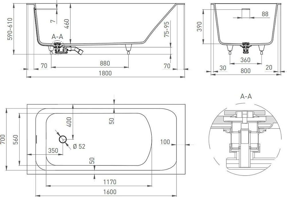 Ванна из искусственного камня Salini Orlanda Kit 180x80 см, встраиваемая, белая, со сливом-переливом
