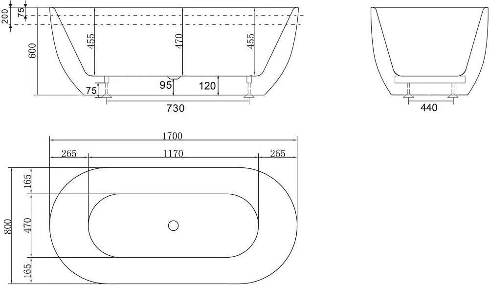 Акриловая ванна BelBagno 170x80 см, BB70-1700-800