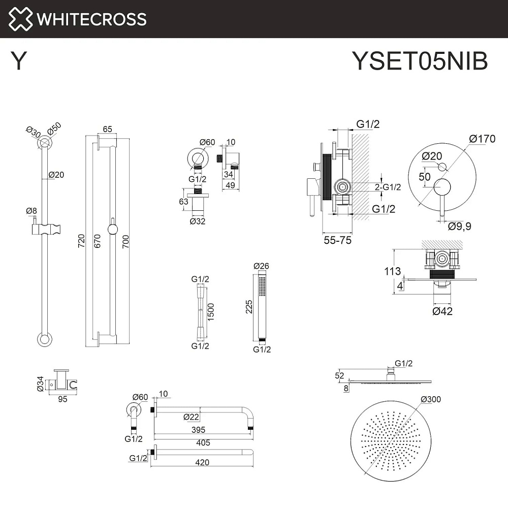 Душевой комплект WHITECROSS Y YSET05NIB, С ВНУТРЕННЕЙ ЧАСТЬЮ, брашированный никель