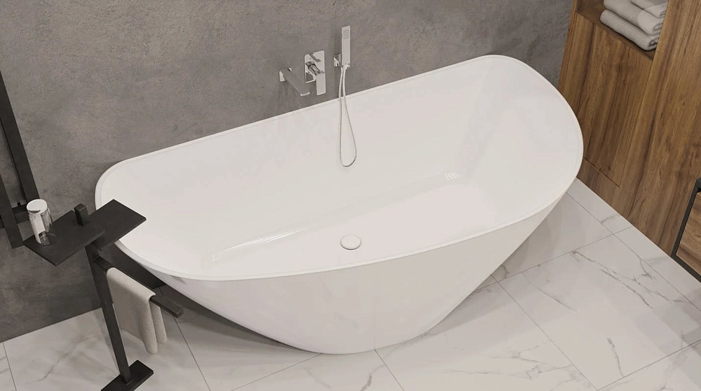 Ванна из искусственного камня WHITECROSS Topaz 170x80 см, отдельностоящая, белая, асимметричная, с д