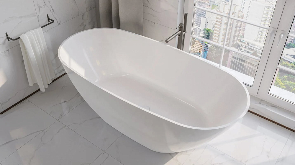 Ванна из искусственного камня WHITECROSS Onyx D 160x75 см, отдельностоящая, белая, овальная, с донны