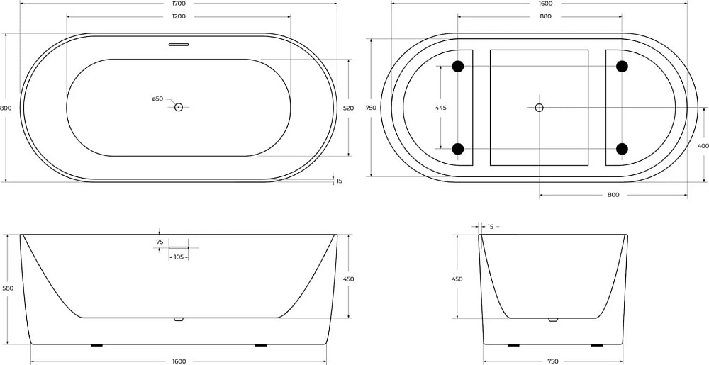 Акриловая ванна BelBagno 170x80 см, BB411-1700-800