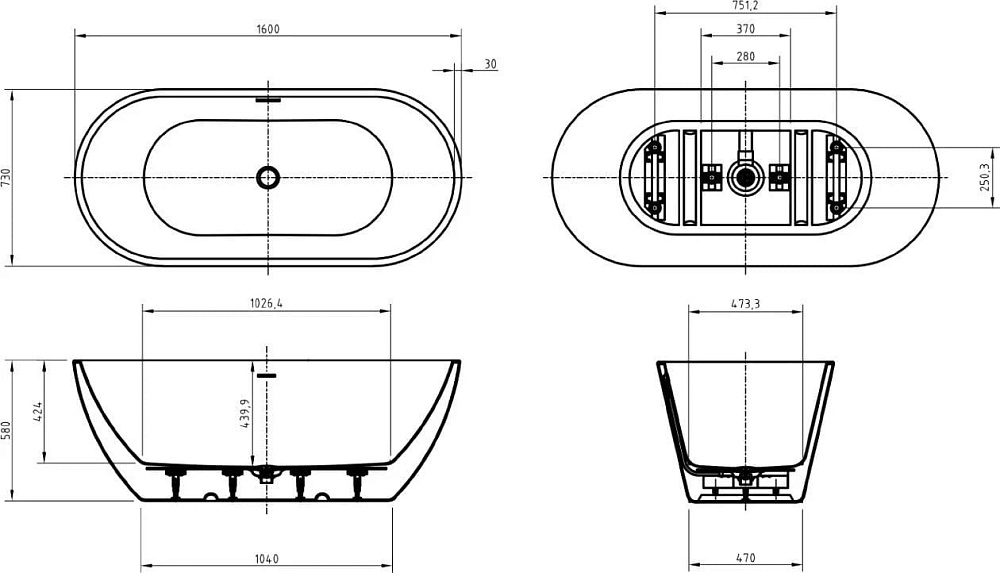 Акриловая ванна BelBagno Uno 160x75 см, BB701-1600-730-K
