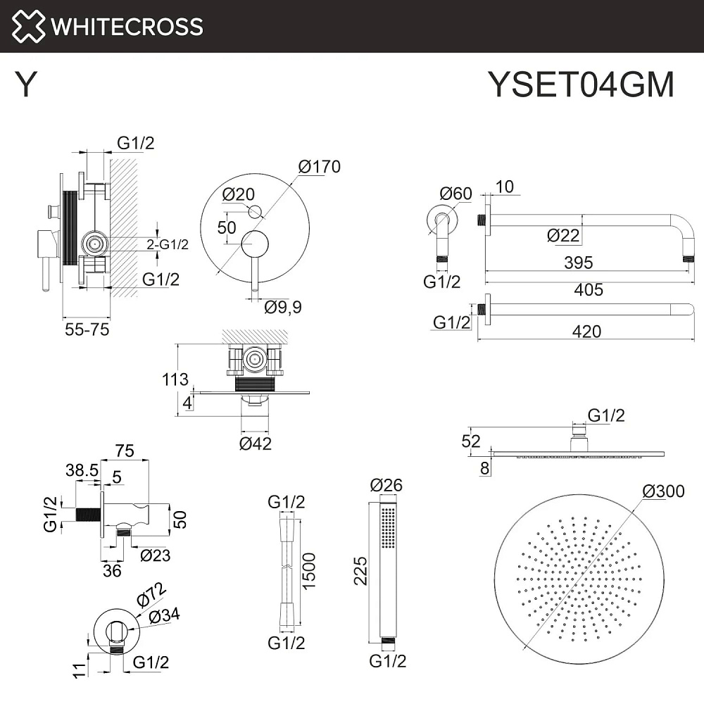 Душевой комплект WHITECROSS Y YSET04GM, С ВНУТРЕННЕЙ ЧАСТЬЮ, оружейная сталь