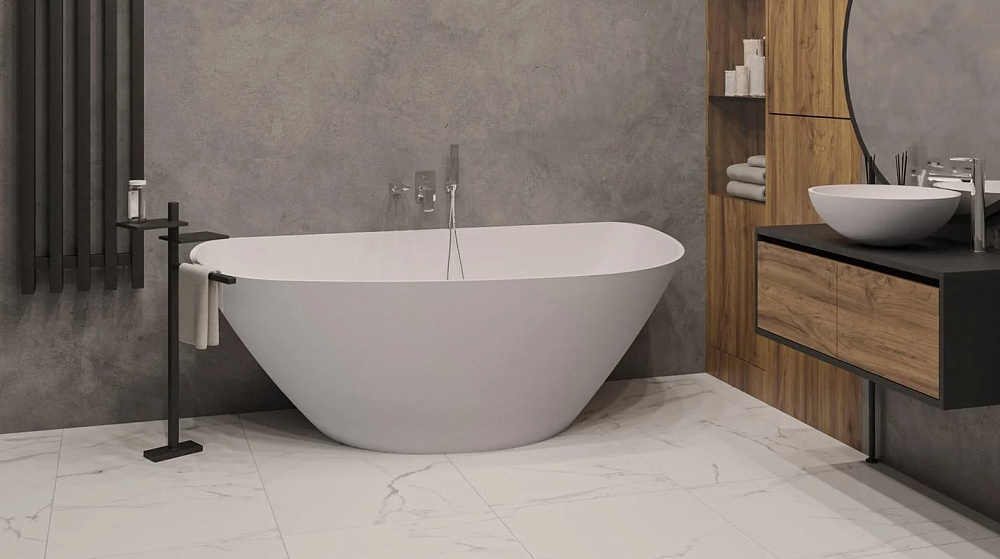 Ванна из искусственного камня WHITECROSS Topaz 170x80 см, отдельностоящая, матовая белая, асимметрич