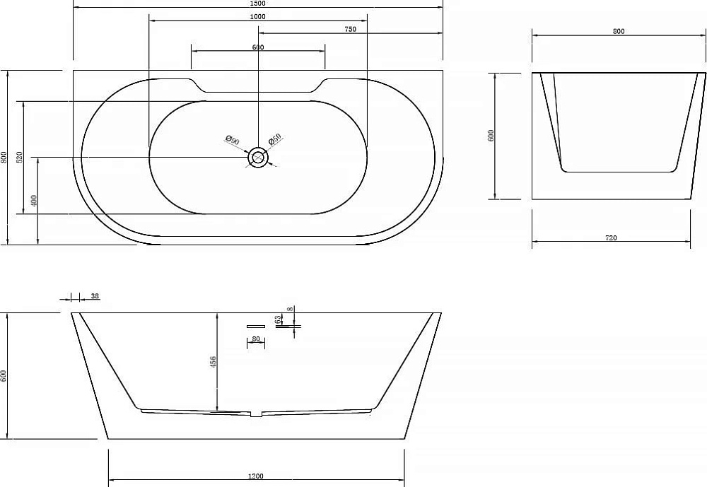 Акриловая ванна Abber 150x80 см, AB9296-1.5